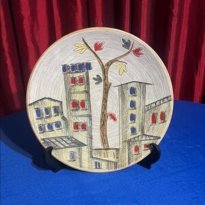 Vintage 1990s Made in Italy Enamel City Scene Wall Hanging 12” Bowl